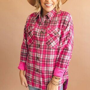 Davi & Dani | Plaid Curved Hem Flannel Shacket Fuschia Barbie | Size S